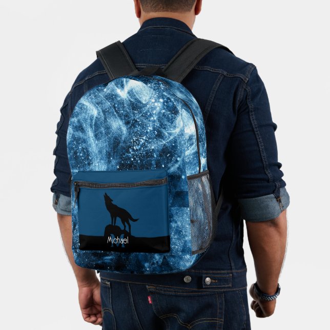 Howling Wolf abstract blue black Monogram Printed Backpack (Insitu (Model))
