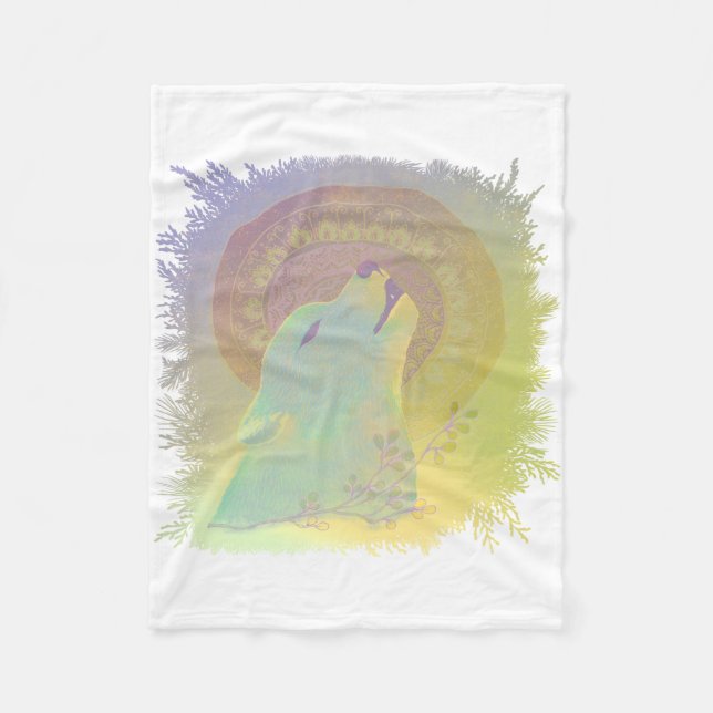 Howling Wolf and Mandala Plants Branches Frame Fleece Blanket (Front)