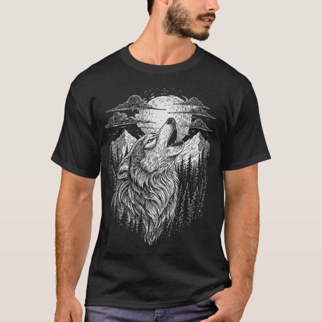Howling Wolf and Moon Line Art T-Shirt (Front)