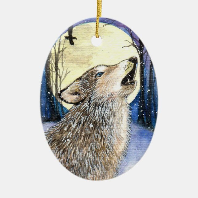 Howling - Wolf Art Ceramic Tree Decoration (Front)