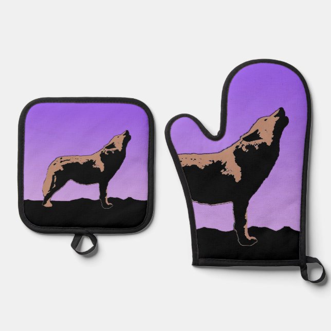 Howling Wolf at Sunset  - Original Wildlife Art Oven Mitt & Pot Holder Set (Front)