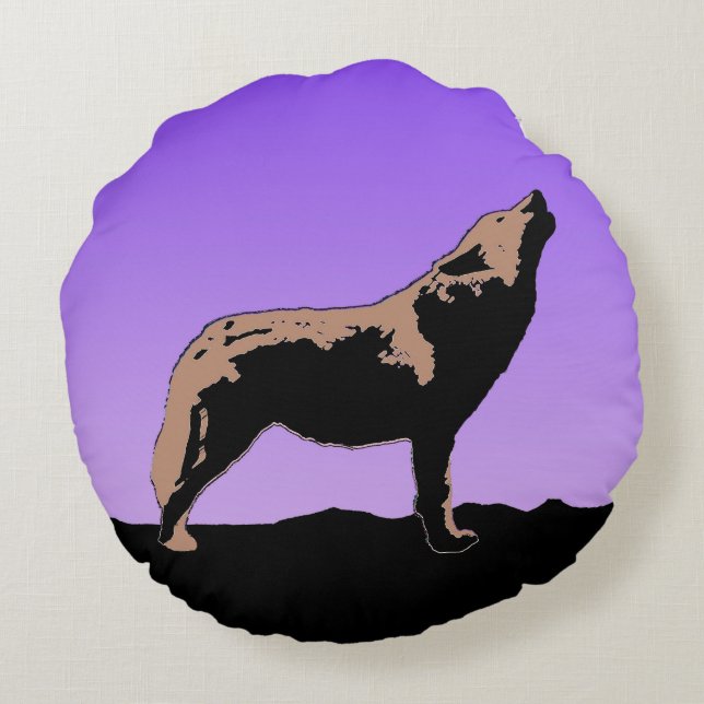 Howling Wolf at Sunset  - Original Wildlife Art Round Cushion (Back)