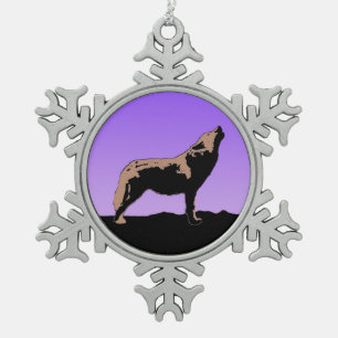 Howling Wolf at Sunset  - Original Wildlife Art Snowflake Pewter Christmas Ornament
