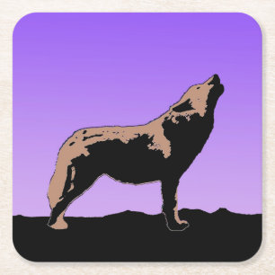 Howling Wolf at Sunset  - Original Wildlife Art Square Paper Coaster