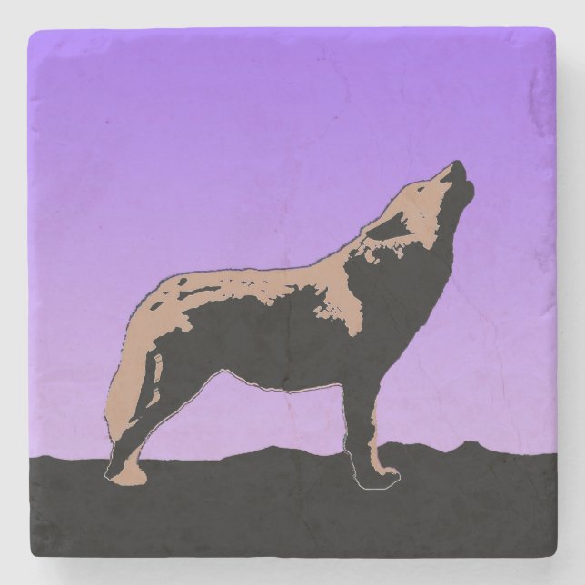 Howling Wolf at Sunset  - Original Wildlife Art Stone Coaster (Front)