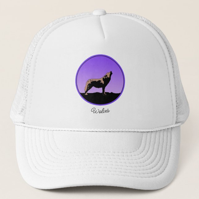 Howling Wolf at Sunset  - Original Wildlife Art Trucker Hat (Front)