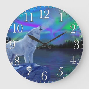 Howling Wolf & Aurora Wildlife Art Clock