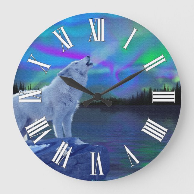 Howling Wolf & Aurora Wildlife Art Clock (Front)
