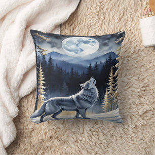 Howling Wolf Beneath a Full Moon in Winter Forest Cushion