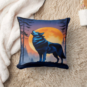 Howling Wolf Beneath Night Sky at Moonrise Cushion