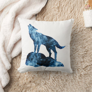 Howling Wolf blue sparkly smoke silhouette Cushion