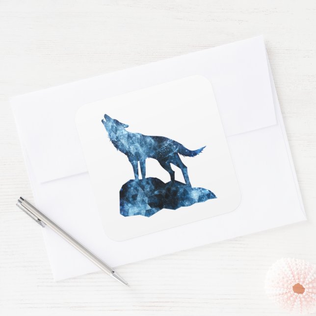 Howling Wolf blue sparkly smoke silhouette Square Sticker (Envelope)