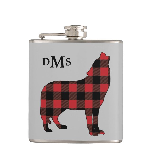Howling Wolf Buffalo Plaid Monogram Hip Flask (Front)