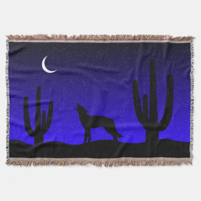 Howling Wolf Desert Night Silhouette Throw Blanket (Front)