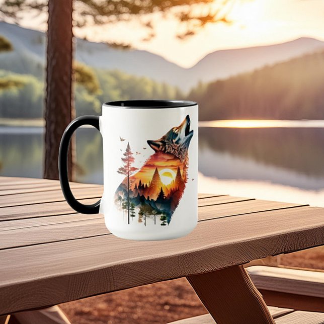 Howling wolf double exposure sunset mug (Creator Uploaded)