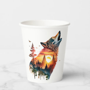Howling wolf double exposure sunset paper cups