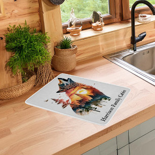 Howling wolf double exposure sunset personalised cutting board