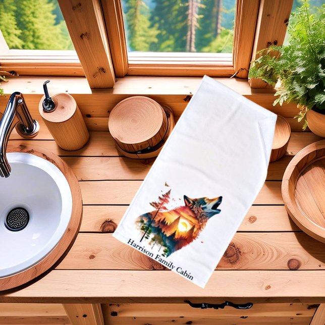Howling wolf double exposure sunset personalised hand towel (Creator Uploaded)