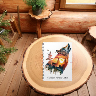 Howling wolf double exposure sunset personalised notebook
