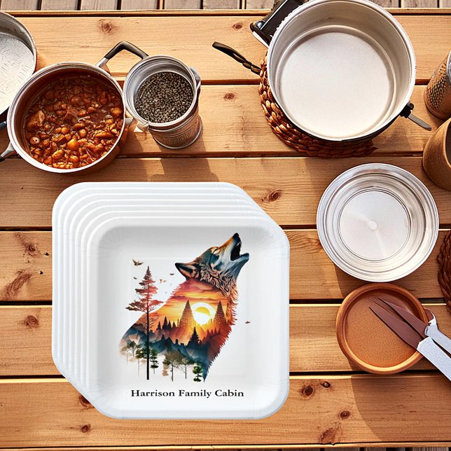 Howling wolf double exposure sunset personalised paper plate (Creator Uploaded)
