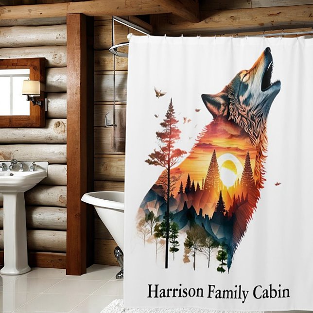 Howling wolf double exposure sunset personalised shower curtain (Creator Uploaded)