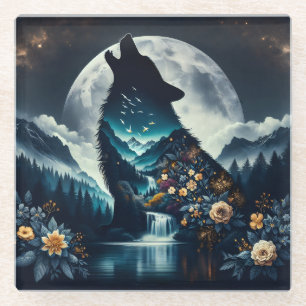 Howling Wolf   Full Moon Ai Art Glass Coaster