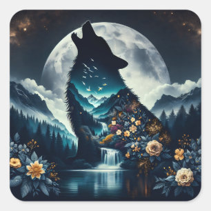 Howling Wolf   Full Moon Ai Art Square Sticker