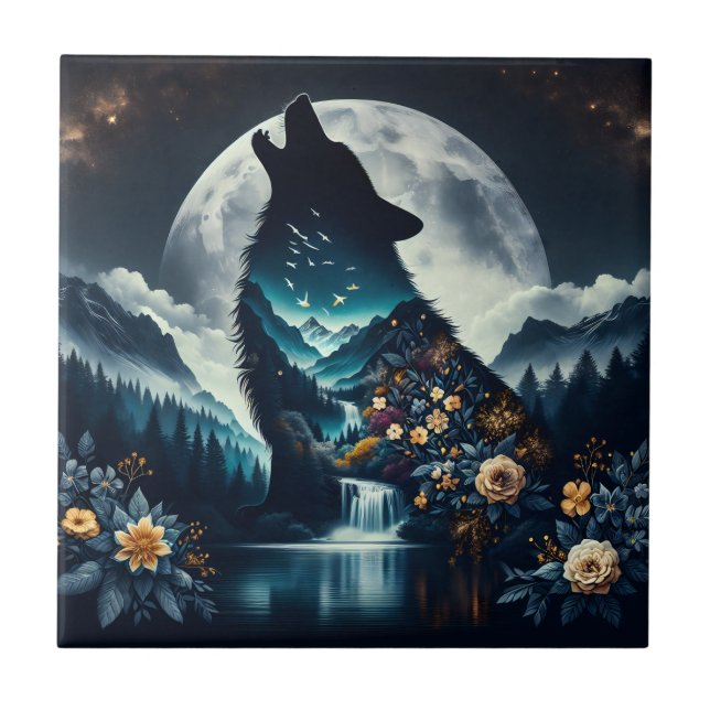 Howling Wolf | Full Moon Ai Art Tile (Front)