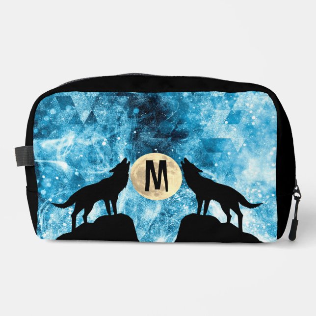 Howling Wolf Full moon blue black Custom Monogram Dopp Kit (Front)