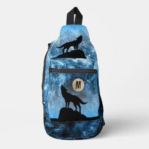 Howling Wolf full moon blue black Custom Monogram Sling Bag