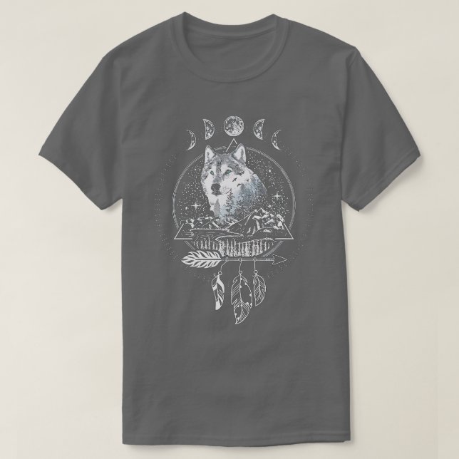 Howling Wolf Full Moon Night Sky Geometric Pattern T-Shirt (Design Front)
