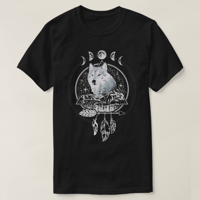 Howling Wolf Full Moon Night Sky Geometric Pattern T-Shirt (Design Front)