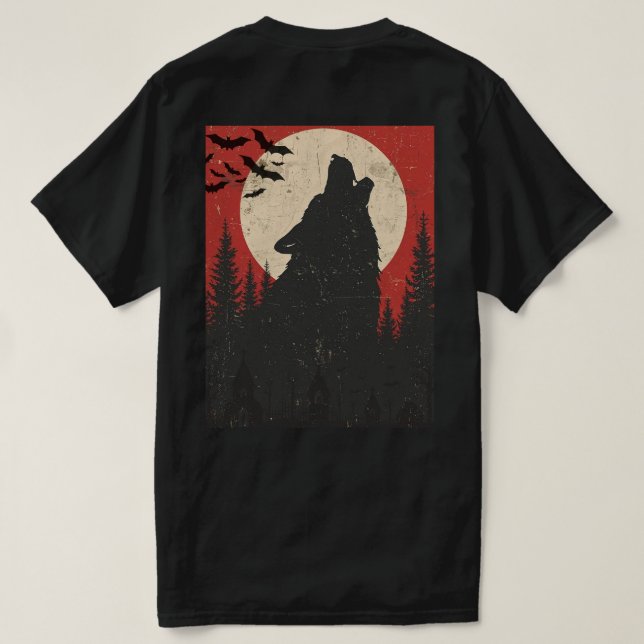 Howling Wolf Full Moon Retro Horror Print T-Shirt (Design Back)
