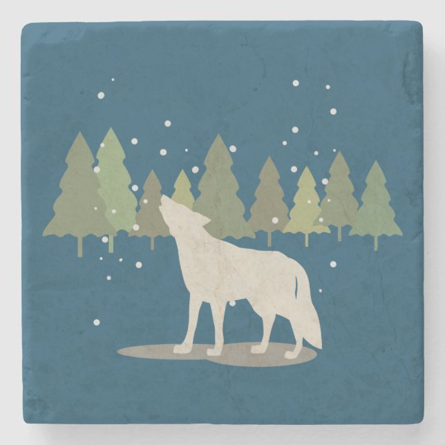 Howling Wolf in Snowing Forest Stone Coaster (Front)