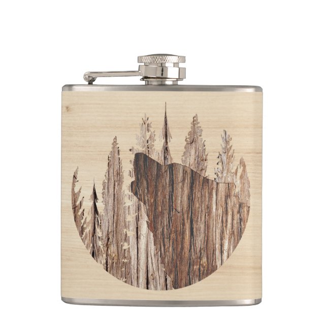 Howling Wolf In Textured Wood Hip Flask (Front)
