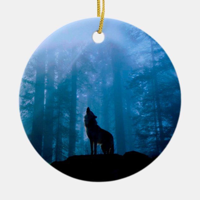 Howling Wolf in Wilderness Ceramic Tree Decoration (Front)
