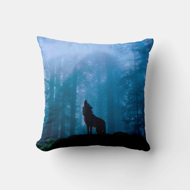 Howling Wolf in Wilderness Cushion (Front)