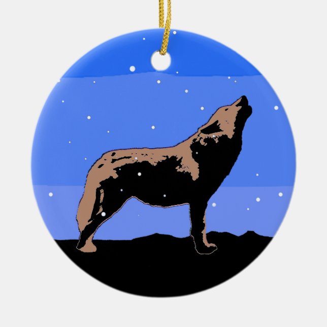 Howling Wolf in Winter  - Original Wildlife Art Ceramic Tree Decoration (Front)