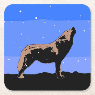 Howling Wolf in Winter  - Original Wildlife Art Square Paper Coaster