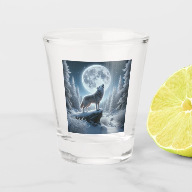 Howling Wolf In Winter Shot Glass (Front)