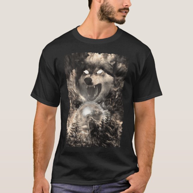Howling Wolf Moon Forest Animal Mountains T-Shirt (Front)