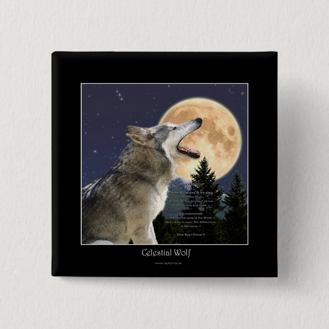 Howling Wolf & Moon Wildlife Art Button (Front)