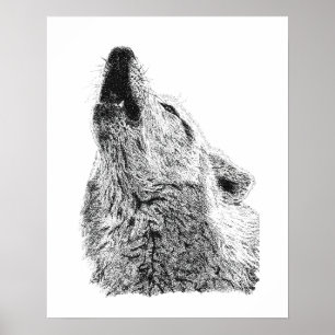 Howling Wolf Pointillism Wildlife Portrait Design Poster