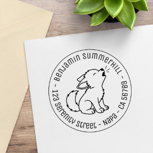 Howling Wolf Pup Round Address Rubber Stamp