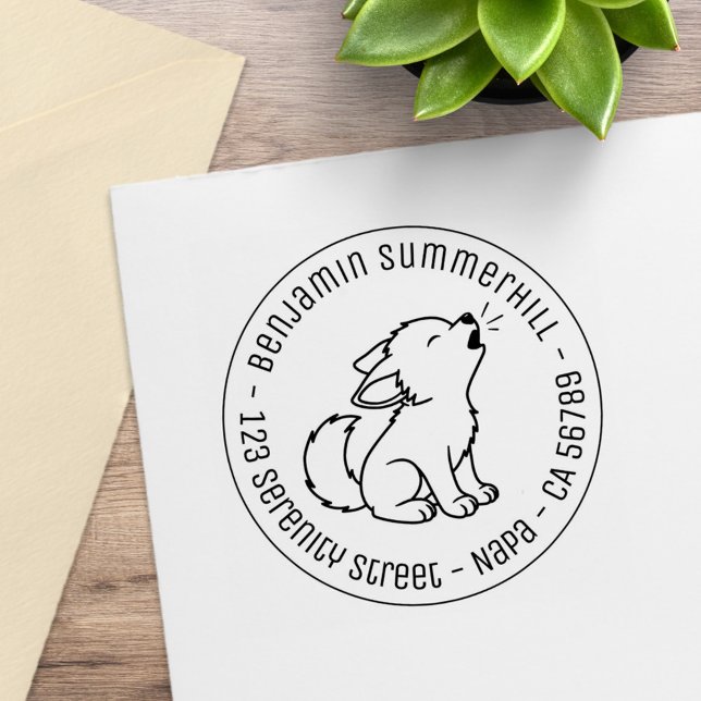 Howling Wolf Pup Round Address Rubber Stamp (Creator Uploaded)