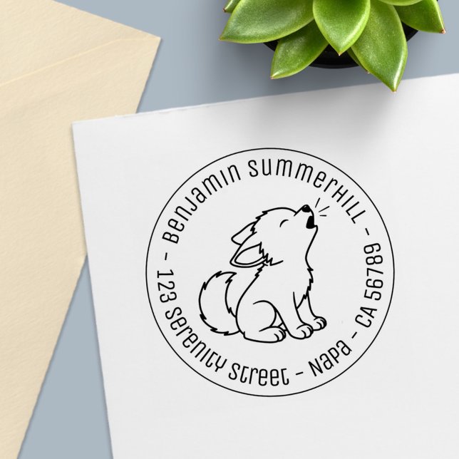 Howling Wolf Pup Round Address Self-inking Stamp (Creator Uploaded)