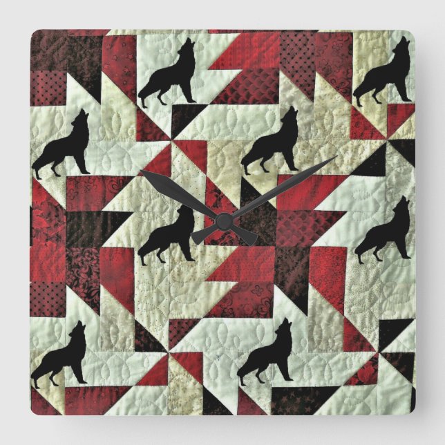 Howling Wolf Quilt Square Wall Clock (Front)
