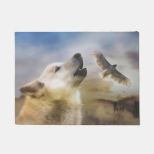 Howling Wolf Redtail Hawk Native American Inspired Doormat