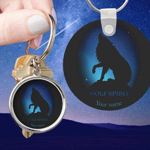Howling wolf silhouette airbrush night sky key ring