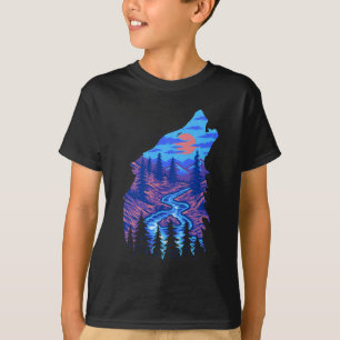 Howling Wolf Silhouette Forest River Landscape T-Shirt